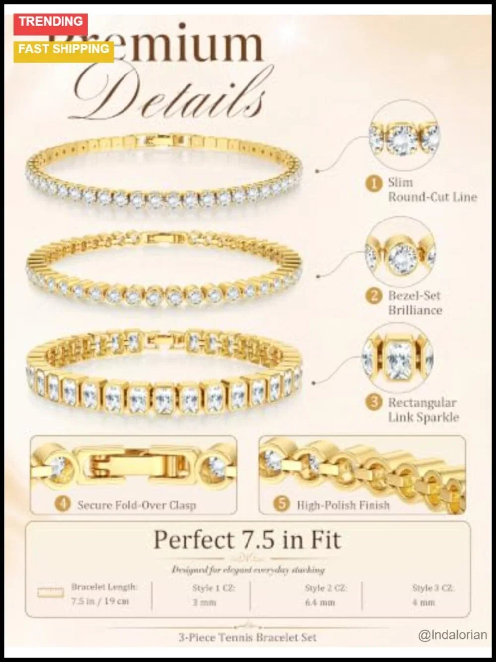 5A CZ Gold Plated Tennis Bracelet Set of 3 Stackable 7.5 Inch Women Jewelry